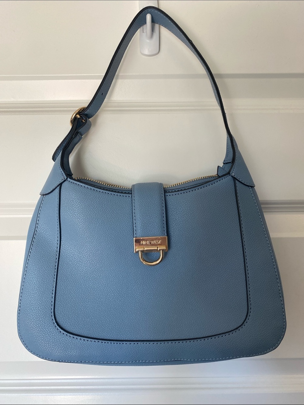 Nine West Powder Blue Pebbled Leather Shoulder Bag with Gold Accent